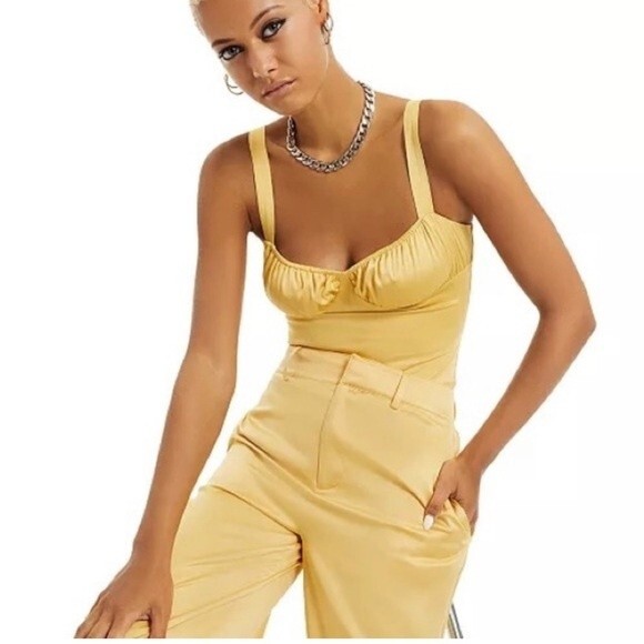 Danielle Bernstein Satin Bodysuit Beautiful Pale Mustard Color Bustier 4 - Picture 1 of 8